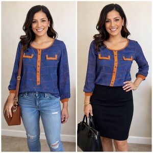 Mine Blue and Tan 3/4 Sleeve Buttoned Blouse